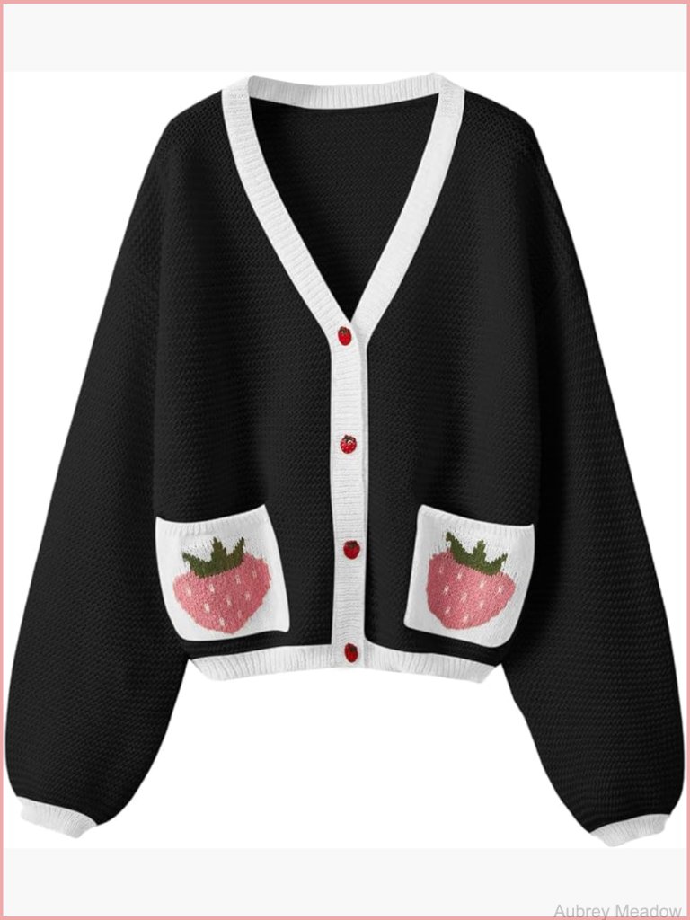 Kawaii Strawberry Pattern Cardigan Long Sleeve Open Front Casual Sweater